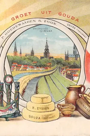 Gouda Groet uit Vergezicht Reclame Goudse Producten 1900 Goedewaagen Pijpen - E. Estie Plateelbakkerij Zuid-Holland en G. Prince Plateelfabrieken - H. Eyssen Kaas - Kon. Stearine Kaarsen fabriek - Gebr. Kamphuizen Siroopwafels en Sprits - Goudsche Machinale Garenspinnerij - Melk- en boterfabriek HC6574 Niska cena