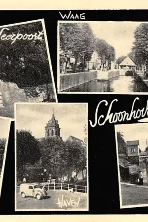Zamów teraz Schoonhoven Groeten uit 1956 Haven Veerpoort Waag Noodhaven en N. Hervormde Kerk HC4261
