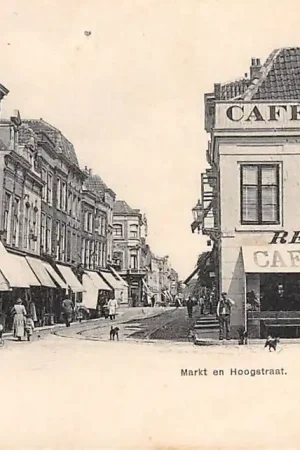 Gouda Markt en Hoogstraat Café Belvedère in 1901 HC4335 Autentyczny