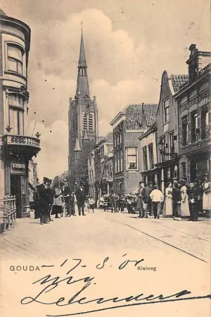 Oryginalny Gouda Kleiweg hoek St. Anthoniestraat en Hoogstraat R.K. Kerk 1905 HC3109