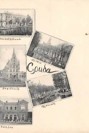 Tani Gouda Souvenir Avondschool Houtmansgracht Kattensingel Haven Stadhuis Bleekerij Station en Gouwe 1900 HC28